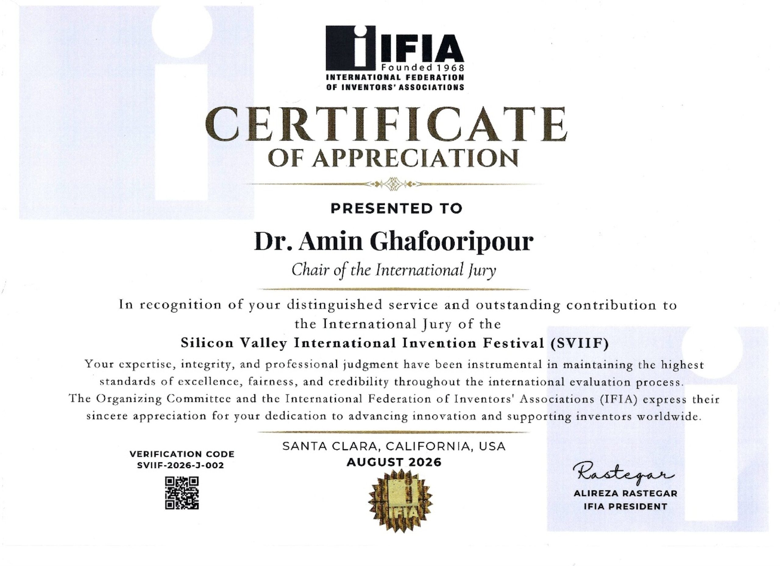 SVIIF 2026 Certificate of Appreciation presented to Dr. Amin Ghafooripour